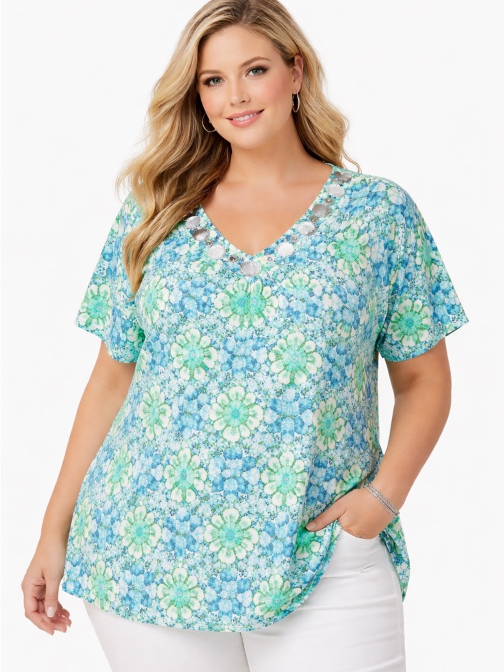 Blue and Green Floral Tie-dye Esque Short Sleeve Top